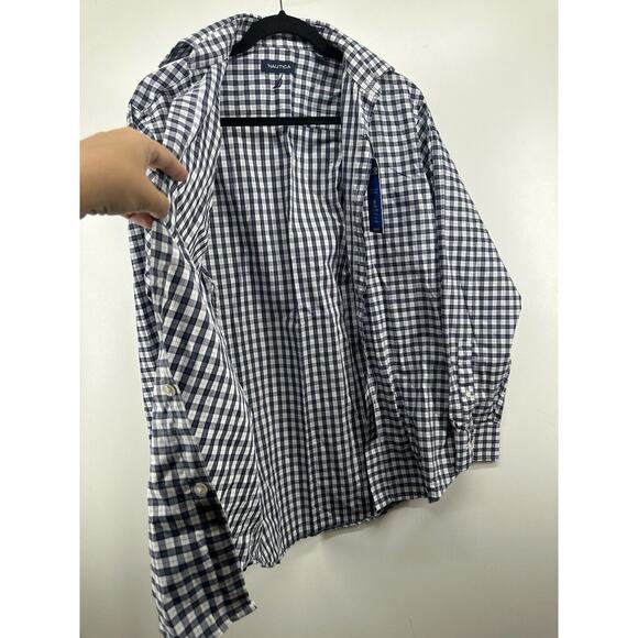 Nautica Dark Blue Plaid Stretch Button Up Dress Shirt Mens 15 32/33 M Adj Collar - Picture 6 of 8